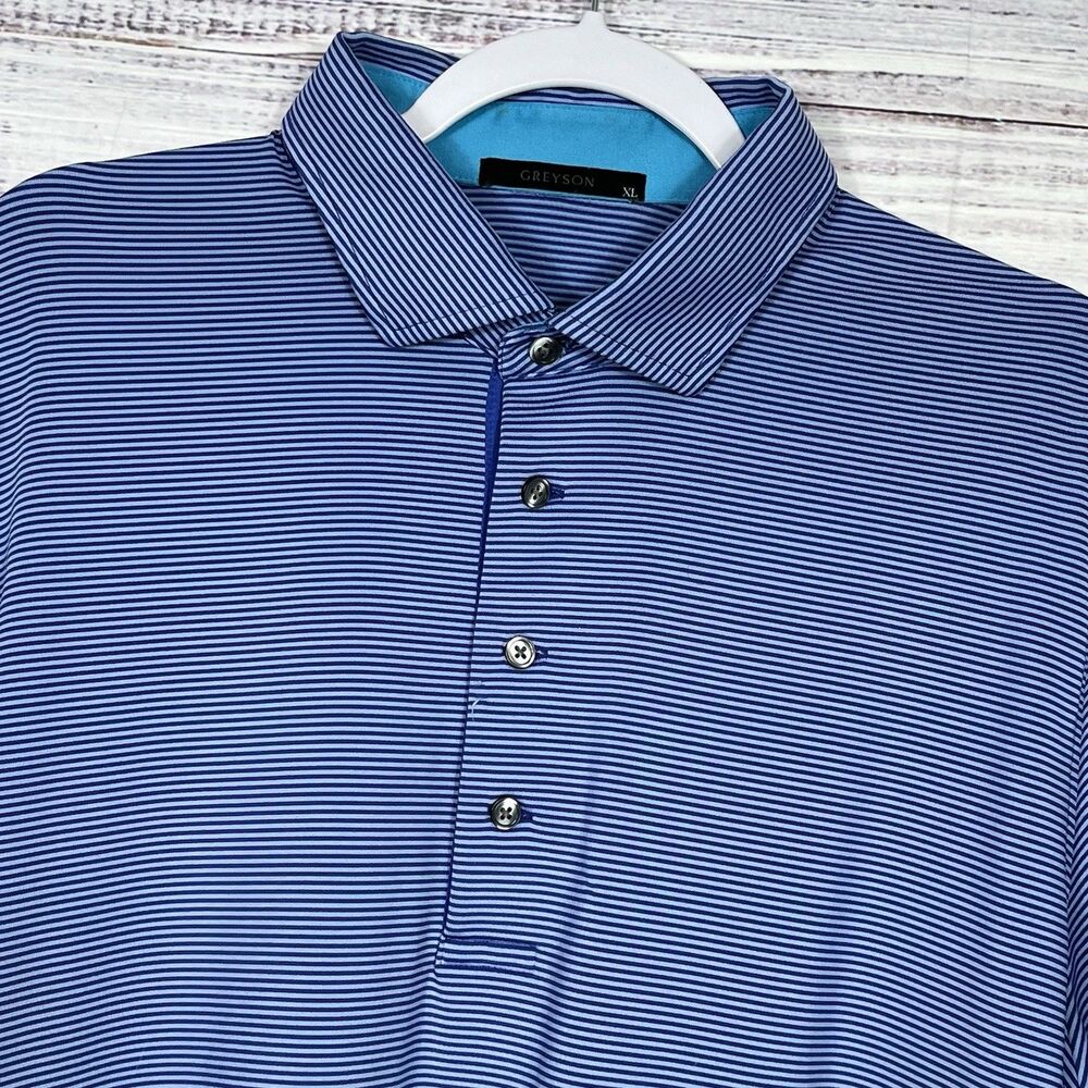 Greyson Men's XL Golf Polo Shirt Blue Stripe Preppy Logo Wolf ***Flaw***